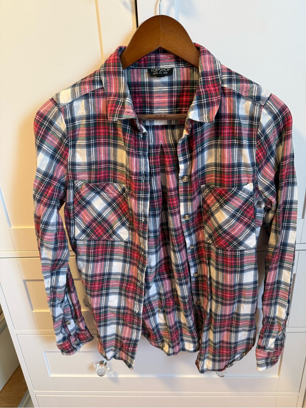 Topshop Plaid Button-Front Shirt in Red, Navy & White